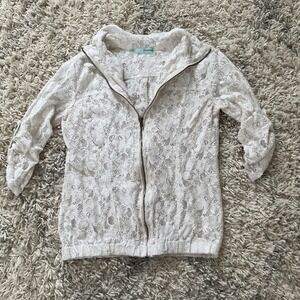 Maurices Womens White Floral Lace Zip Up Jacket Mock Neck 3/4 Sleeve Small